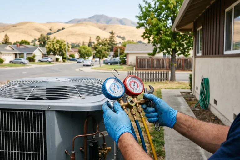 Technician checking refrigerant pressure on an outdoor AC unit