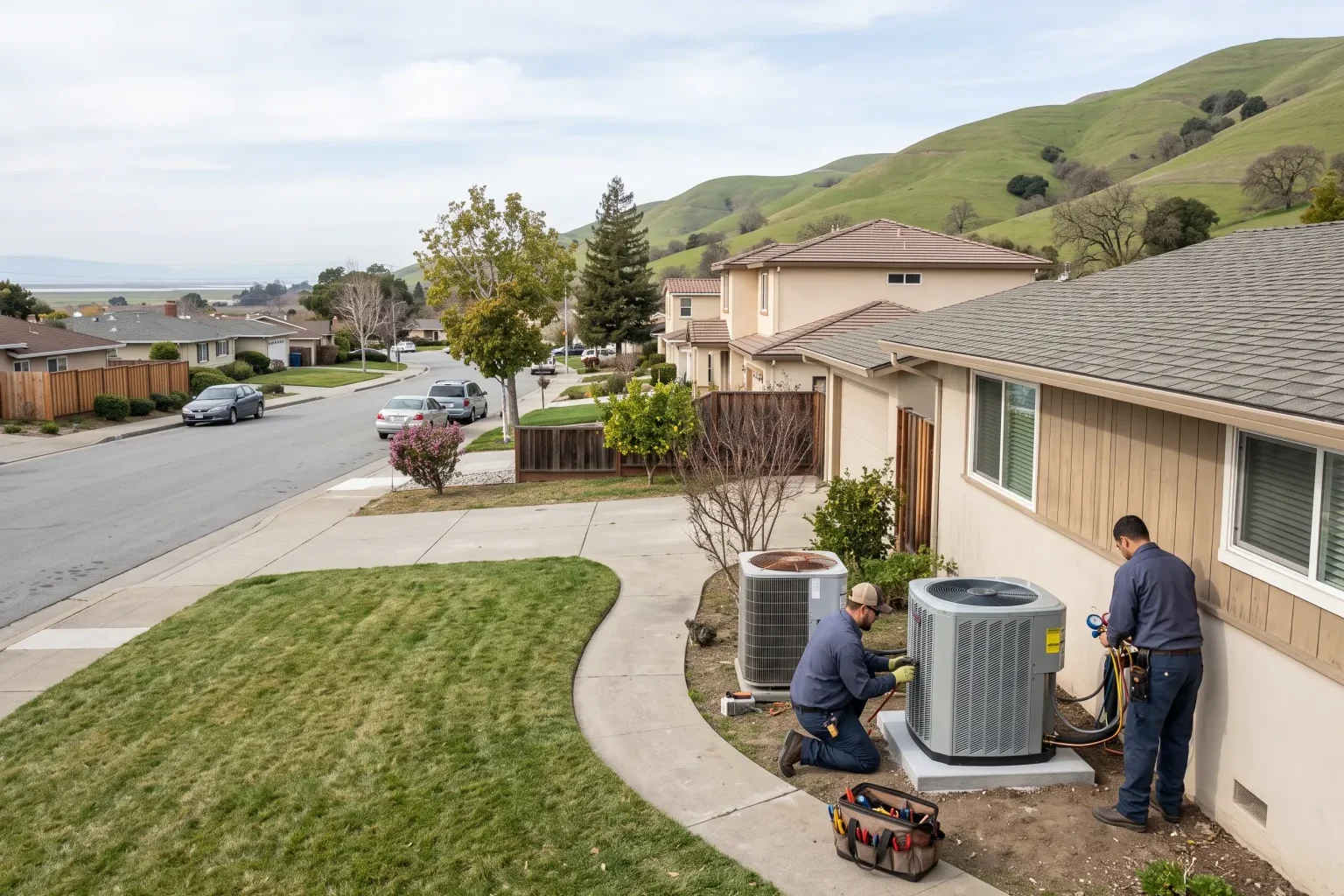 Technicians installing a new outdoor air conditioning unit beside a home